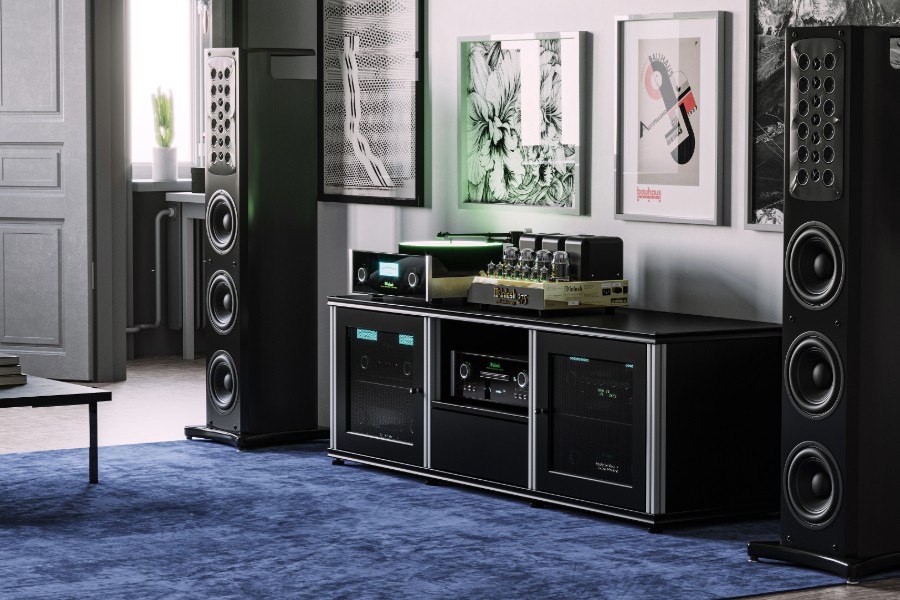 A living room featuring a McIntosh audio setup.