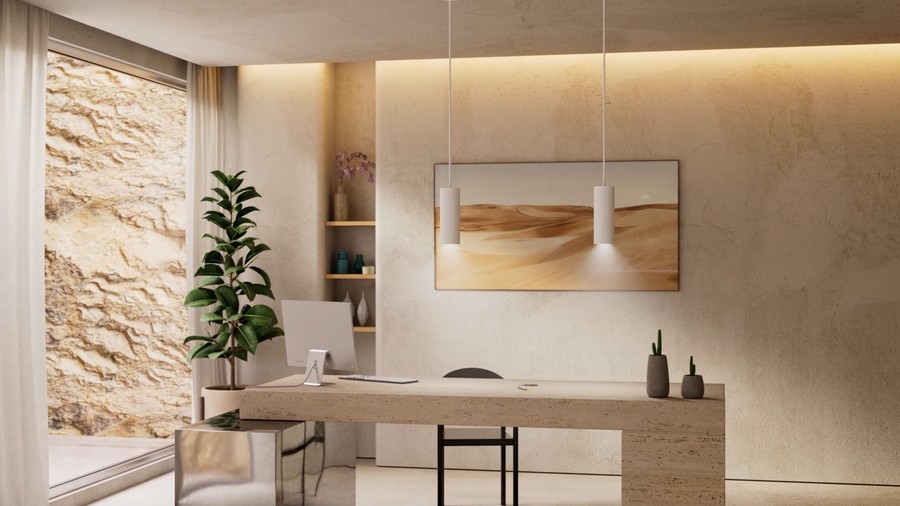 A home office in earth tones with DMF LED lighting.