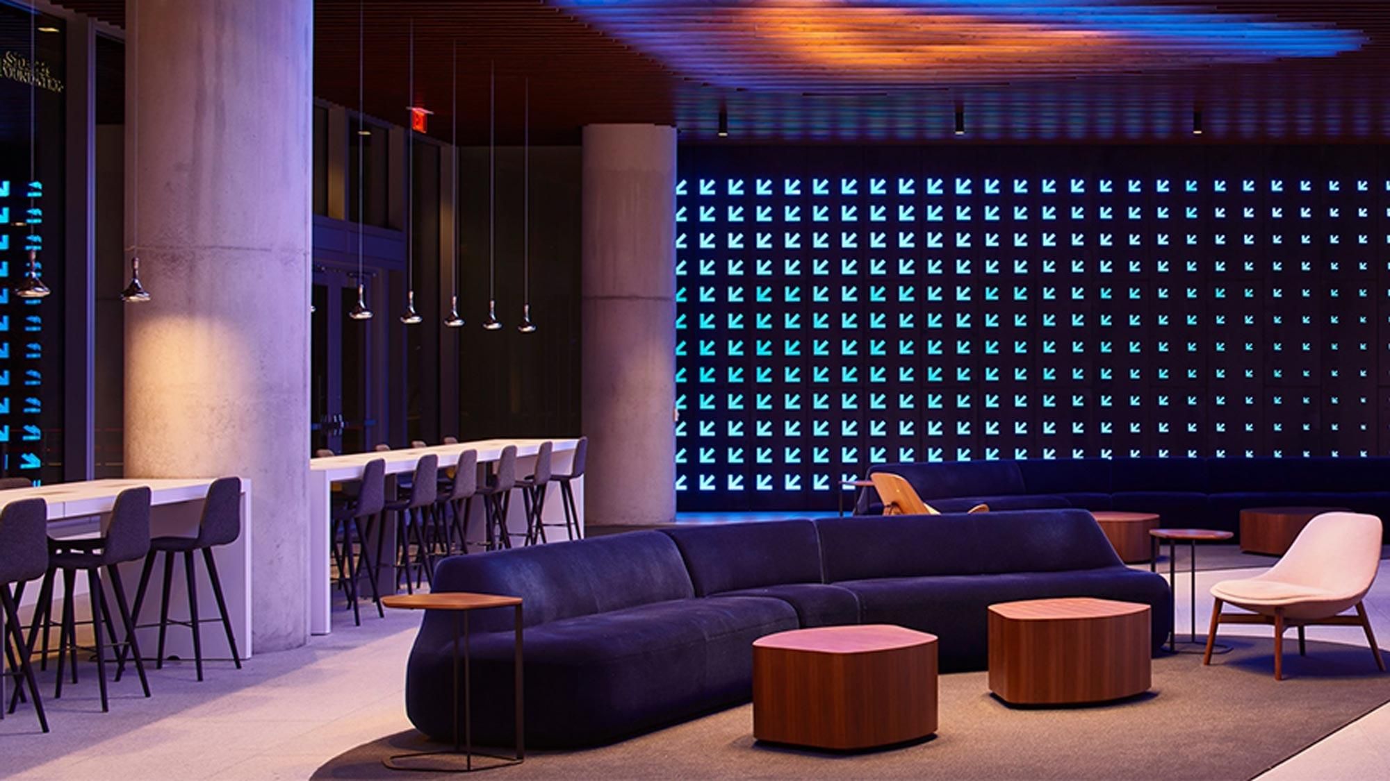 Hotel lobby with custom lighting